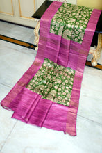 Handwoven Block Printed Pure Gicha Tussar Silk Saree in Asparagus Green, Beige & Purplish Pink