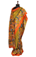 Kalamkari Printed Pure Silk Saree in Olive Green, Orange and Multicolored