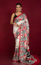 Bangla Bornomala with Rural Portrait Printed Pure Silk Saree in Off White, Black and Red