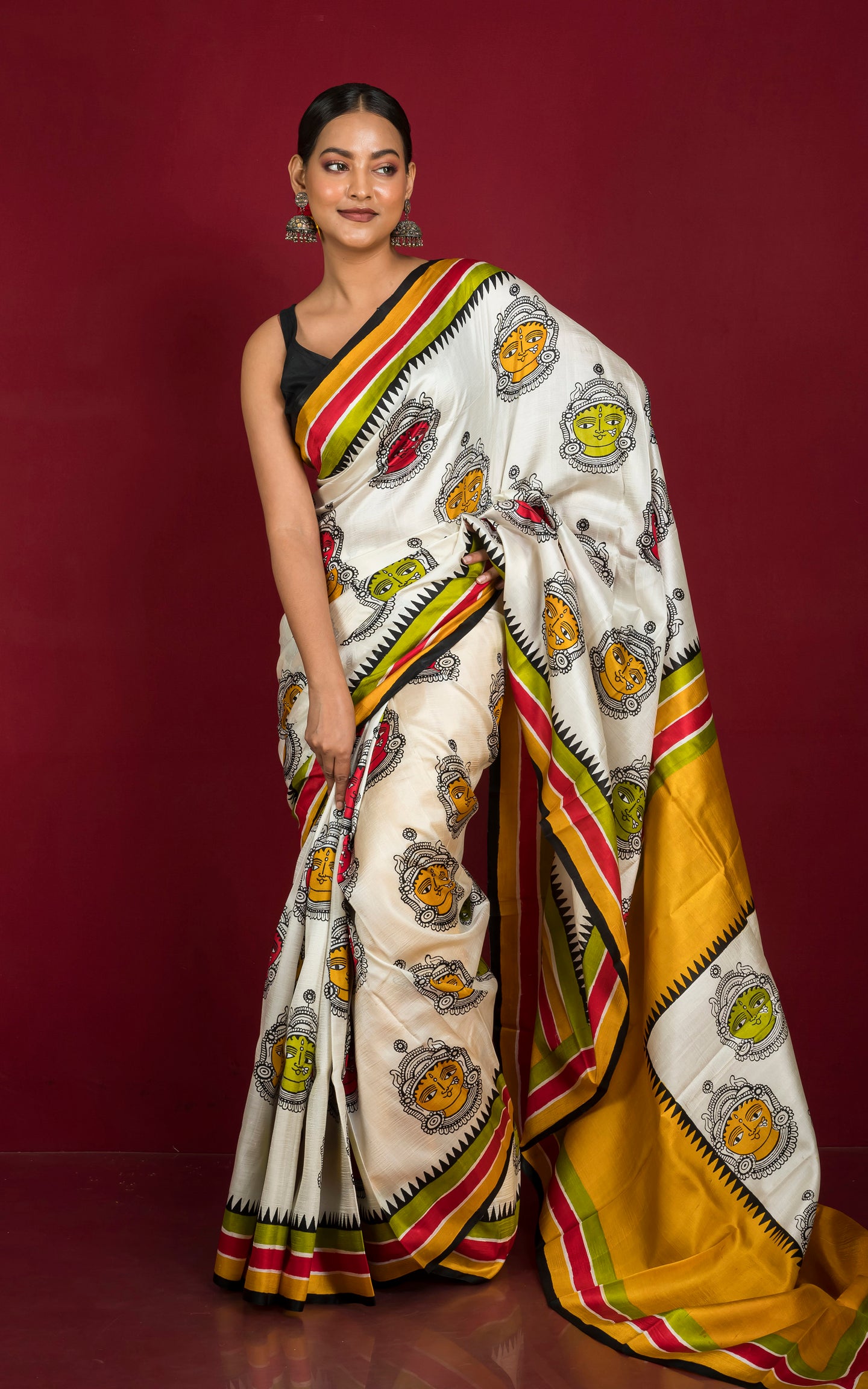 Kalamkari Printed Pure Silk Saree in Off White, Golden Yellow, Red, Green and Black