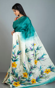 Hand Batik Pure Silk Saree in Teal Green, Off White and Multicolored