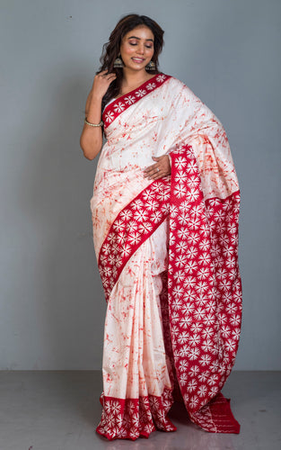 Hand Batik Pure Silk Saree in Off White and Brick Red