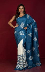 Handwoven Soft Printed Pure Silk Saree in Denim Blue and Off White