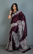 Handwoven Soft Printed Pure Silk Saree in Dark Wine and Off White