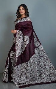 Handwoven Soft Printed Pure Silk Saree in Dark Wine and Off White