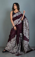 Handwoven Soft Printed Pure Silk Saree in Dark Wine and Off White