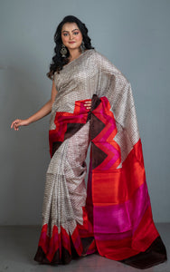 Handwoven Soft Printed Pure Silk Saree in Off White, Dark Brown and Multicolored