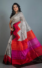 Handwoven Soft Printed Pure Silk Saree in Off White, Dark Brown and Multicolored