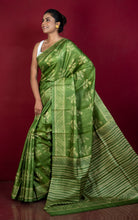 Hand Kantha Work Printed Pure Silk Saree in Verdun Green and Beige