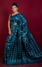 Hand Kantha Work Printed Pure Silk Saree in Prussian Blue, Aquamarine Blue and Off White