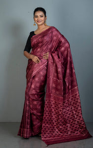 Hand Kantha Work Printed Pure Silk Saree in Burnt Maroon and Off White