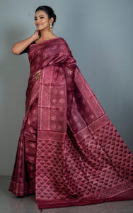 Hand Kantha Work Printed Pure Silk Saree in Burnt Maroon and Off White