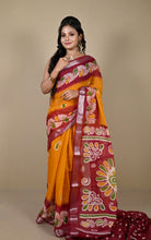 Soft and Light Weight Digital Printed Cotton Slub Silk Resham Linen Saree in Mustard Golden, Rust and Multicolored