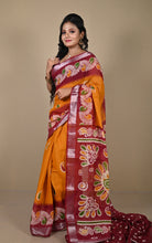 Soft and Light Weight Digital Printed Cotton Slub Silk Resham Linen Saree in Mustard Golden, Rust and Multicolored