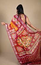 Soft and Light Weight Digital Printed Cotton Slub Silk Resham Linen Saree in Mustard Golden, Rust and Multicolored