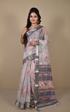 Soft and Light Weight Digital Printed Cotton Slub Silk Resham Linen Saree in Silver Chalice, Davy Grey and Multicolored