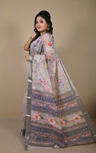 Soft and Light Weight Digital Printed Cotton Slub Silk Resham Linen Saree in Silver Chalice, Davy Grey and Multicolored