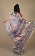 Soft and Light Weight Digital Printed Cotton Slub Silk Resham Linen Saree in Silver Chalice, Davy Grey and Multicolored