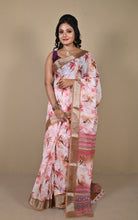 Soft and Light Weight Digital Printed Cotton Slub Silk Resham Linen Saree in Off White, Light Taupe and Multicolored