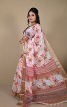 Soft and Light Weight Digital Printed Cotton Slub Silk Resham Linen Saree in Off White, Light Taupe and Multicolored