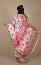Soft and Light Weight Digital Printed Cotton Slub Silk Resham Linen Saree in Off White, Light Taupe and Multicolored