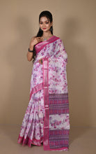 Soft and Light Weight Digital Printed Cotton Slub Silk Resham Linen Saree in Off White, Pansy Purple and Multicolored