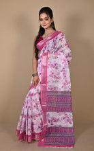 Soft and Light Weight Digital Printed Cotton Slub Silk Resham Linen Saree in Off White, Pansy Purple and Multicolored