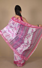 Soft and Light Weight Digital Printed Cotton Slub Silk Resham Linen Saree in Off White, Pansy Purple and Multicolored