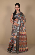 Soft and Light Weight Digital Printed Cotton Slub Silk Resham Linen Saree in Lisbon Brown, Dark Salmon and Multicolored