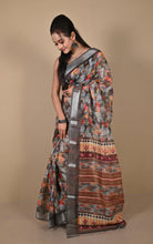 Soft and Light Weight Digital Printed Cotton Slub Silk Resham Linen Saree in Lisbon Brown, Dark Salmon and Multicolored