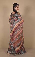 Soft and Light Weight Digital Printed Cotton Slub Silk Resham Linen Saree in Lisbon Brown, Dark Salmon and Multicolored