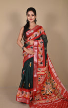 Soft and Light Weight Digital Printed Cotton Slub Silk Resham Linen Saree in Black, Red and Multicolored