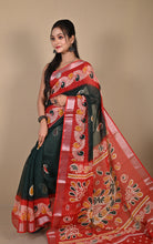 Soft and Light Weight Digital Printed Cotton Slub Silk Resham Linen Saree in Black, Red and Multicolored