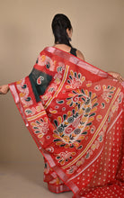 Soft and Light Weight Digital Printed Cotton Slub Silk Resham Linen Saree in Black, Red and Multicolored