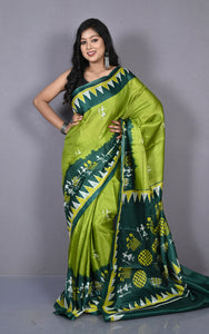 Printed Soft Semi Gicha Silk Saree in Avocado Green, Gable Green and Multicolored