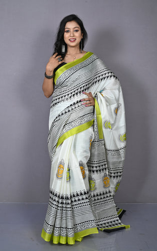 Printed Soft Semi Gicha Silk Saree in Off White, Olive Green and Multicolored