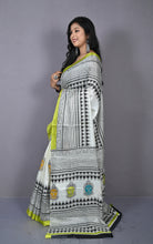 Printed Soft Semi Gicha Silk Saree in Off White, Olive Green and Multicolored