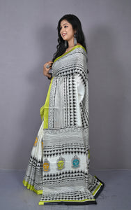 Printed Soft Semi Gicha Silk Saree in Off White, Olive Green and Multicolored