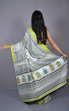 Printed Soft Semi Gicha Silk Saree in Off White, Olive Green and Multicolored