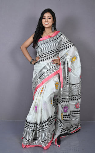 Printed Soft Semi Gicha Silk Saree in Off White, Rosy Peach and Multicolored