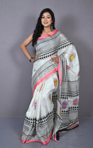 Printed Soft Semi Gicha Silk Saree in Off White, Rosy Peach and Multicolored