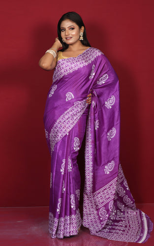 Printed Soft Semi Gicha Silk Saree in Dark Purple and Off White
