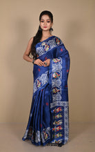 Printed Soft Semi Gicha Silk Saree in Dark Marine Blue, Off White and Multicolored
