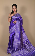 Printed Soft Semi Gicha Silk Saree in Light Indigo and Off White