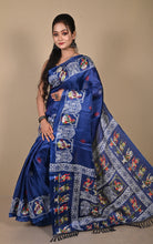 Printed Soft Semi Gicha Silk Saree in Dark Marine Blue, Off White and Multicolored