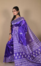 Printed Soft Semi Gicha Silk Saree in Light Indigo and Off White