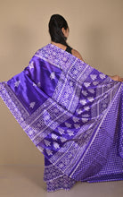 Printed Soft Semi Gicha Silk Saree in Light Indigo and Off White