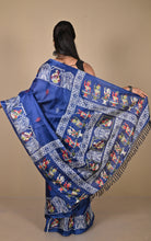 Printed Soft Semi Gicha Silk Saree in Dark Marine Blue, Off White and Multicolored