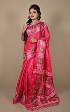 Printed Soft Semi Gicha Silk Saree in Warm Pink, Off White and Multicolored