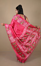 Printed Soft Semi Gicha Silk Saree in Warm Pink, Off White and Multicolored